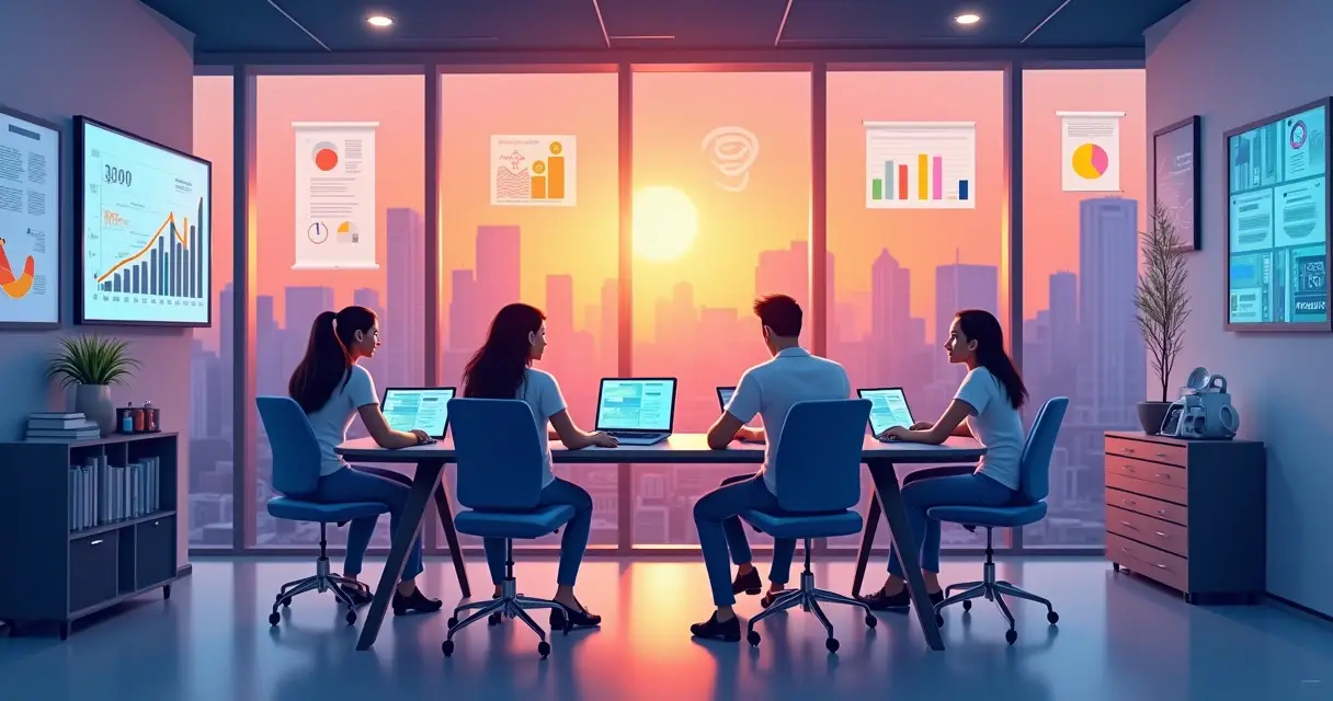 Equipe de assistência técnica em um escritório moderno, colaborando com tecnologia e gráficos de desempenho.