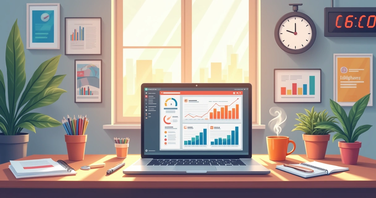 Ilustração de um escritório moderno com laptop, ferramentas de produtividade e iluminação suave.