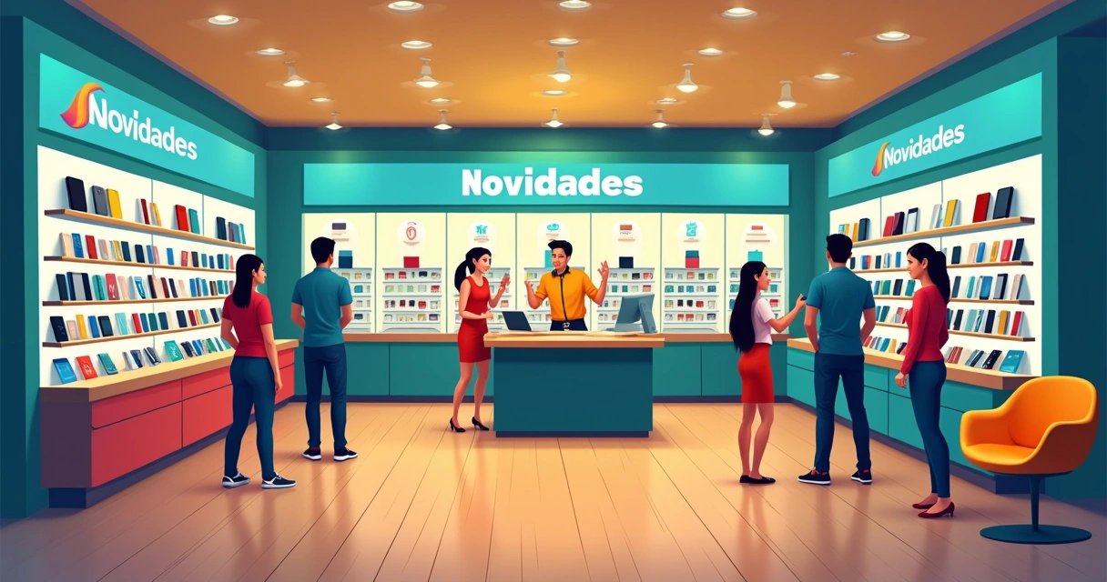 Loja de celulares moderna com prateleiras organizadas, clientes e promoções em telas digitais.