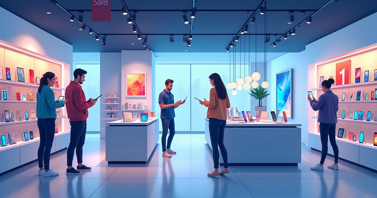 Ilustração de uma loja de celulares moderna com smartphones e acessórios em exibição.