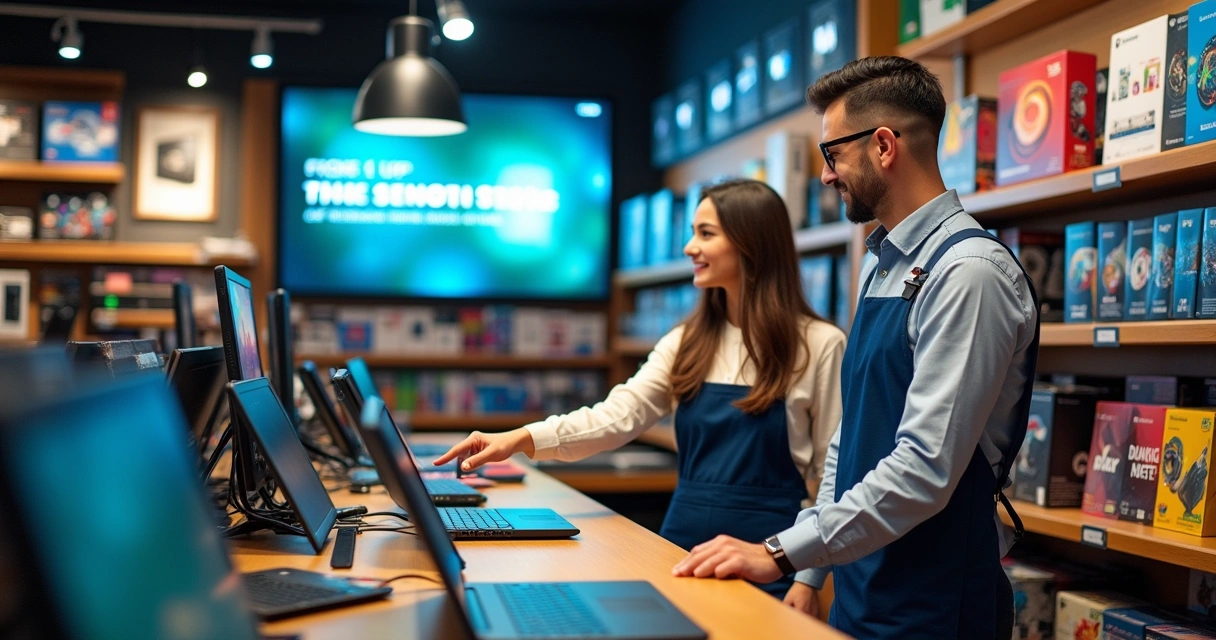 Loja de informática com variedade de produtos, atendente ajudando cliente com laptops e telas promocionais.