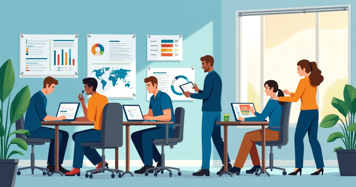 Grupo diverso de técnicos em um escritório moderno, trabalhando em equipe para assistência técnica eficiente.