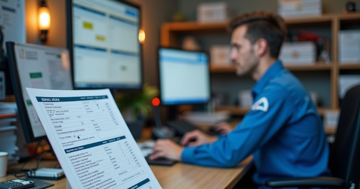 Ambiente de escritório com técnico analisando ordens de serviço em um computador.
