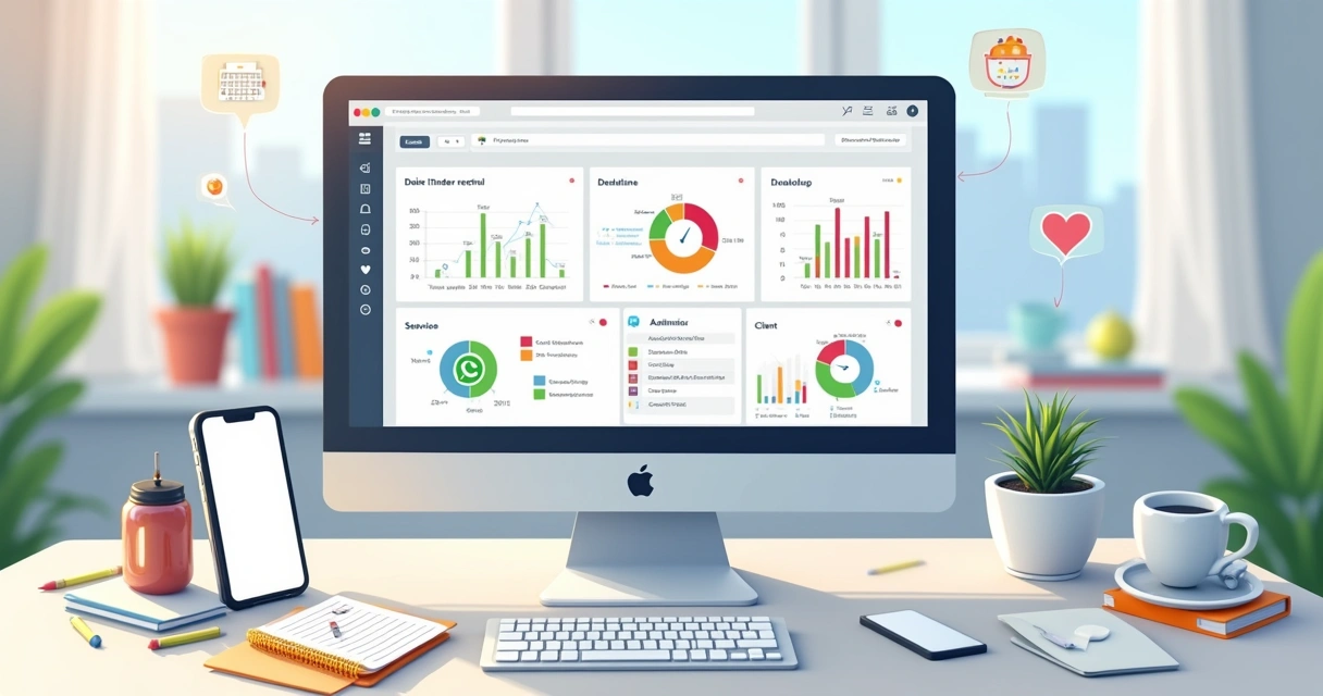 Tela de computador com sistema digital de ordem de serviço online exibido, mostrando interface intuitiva e gráficos coloridos de controle de prazos e equipes