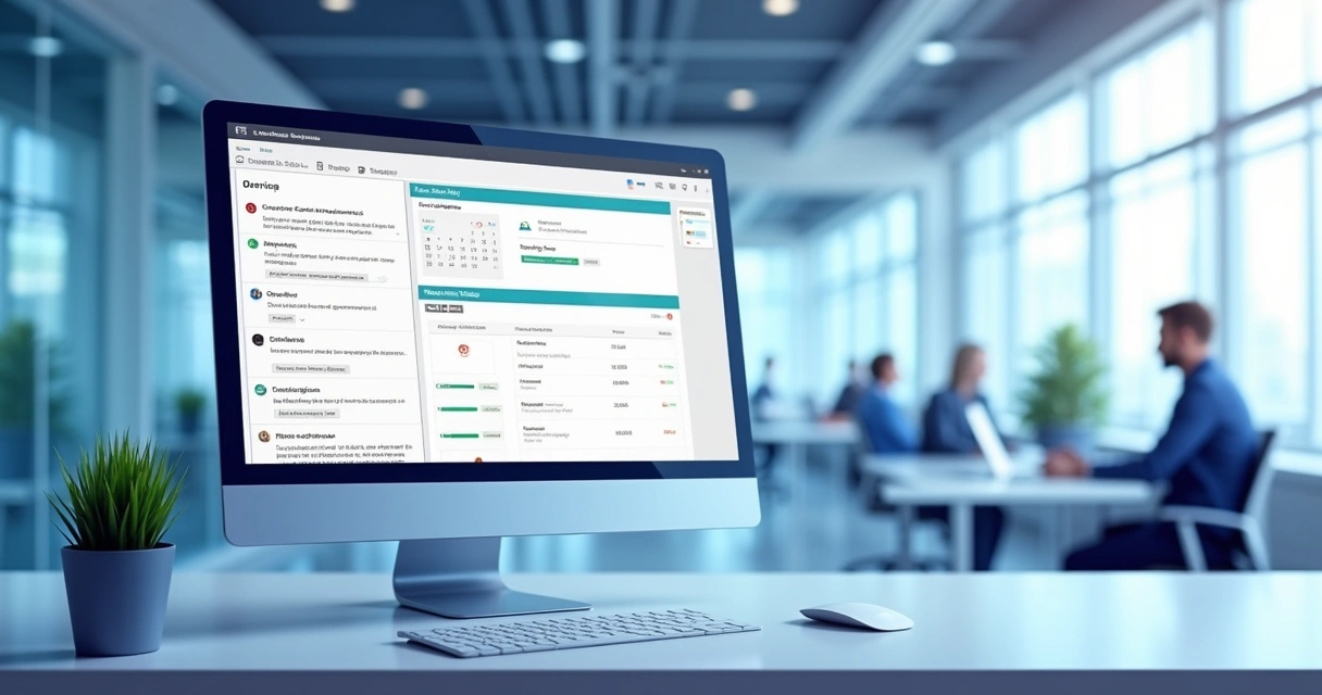 Tela digital exibindo ordem de serviço organizada com ícones de checklist, calendário e chat integrado