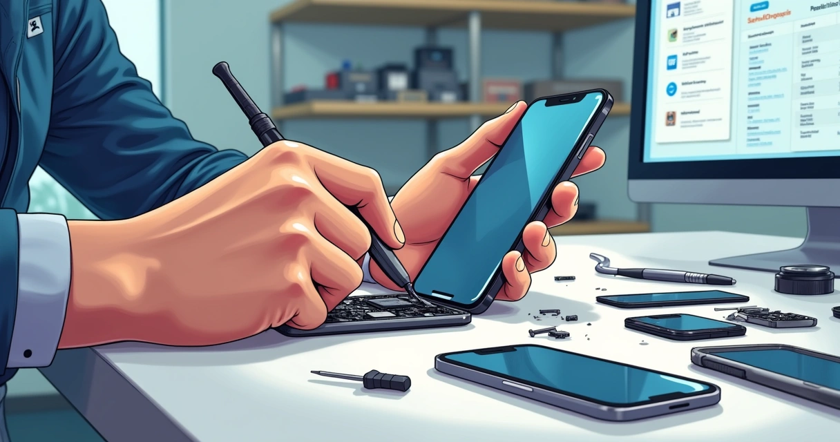 Pessoa trabalhando na manutenção de um celular em bancada organizada com ferramentas e peças eletrônicas