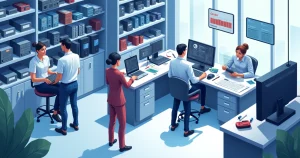 Oficina técnica de informática com profissionais em ação, equipamentos eletrônicos e ferramentas organizadas