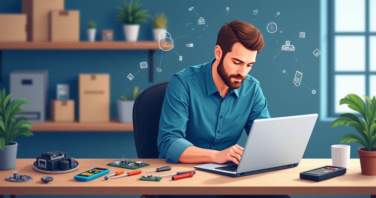 Técnico de informática trabalhando em estação com notebook aberto e ferramentas ao redor