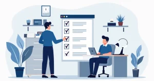 Profissional gerenciando checklist personalizado em sistema digital para assistência técnica