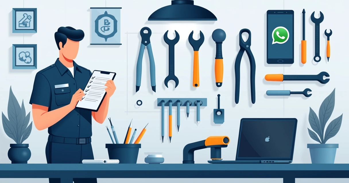 Ilustração corporativa plana mostrando ferramentas essenciais para assistência técnica organizadas em bancada de trabalho