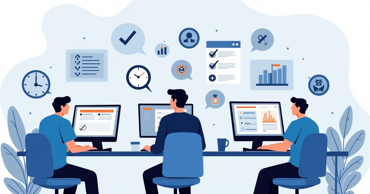 Ilustração corporativa plana de equipe gerenciando assistência técnica com computadores, ordens de serviço e estoque
