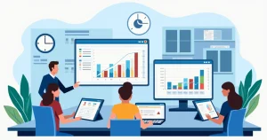 Ilustração corporativa flat mostrando equipe técnica organizando ordens de serviço em tablets e computadores com gráficos e checklist digital