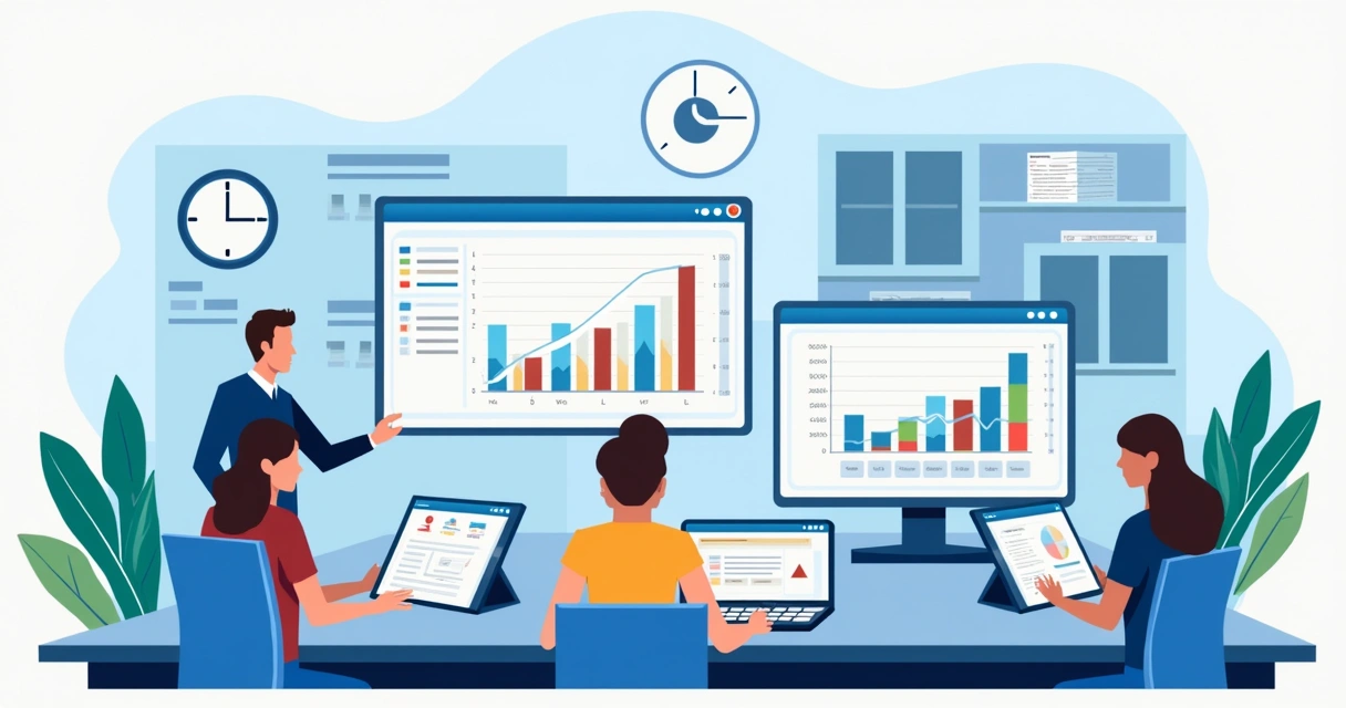 Ilustração corporativa flat mostrando equipe técnica organizando ordens de serviço em tablets e computadores com gráficos e checklist digital