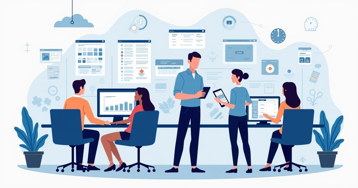 Ilustração corporativa plana de equipe gerenciando ordens de serviço digitalmente em computadores e dispositivos móveis