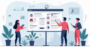 Ilustração corporativa plana de equipe utilizando sistema digital para gestão de ordem de serviço, com interface mostrando checklist, prazos e informações organizadas