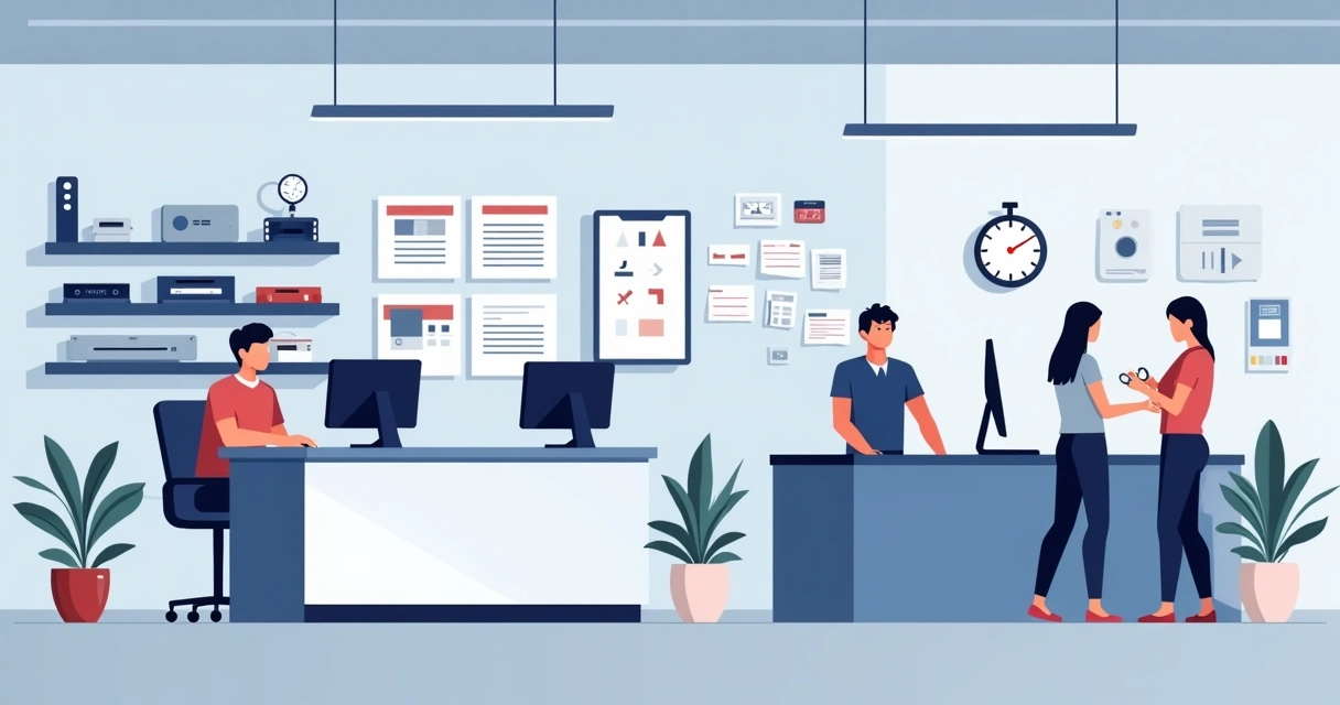 Ilustração corporativa de uma loja de assistência técnica organizada com balcão, computador, técnicos trabalhando e clientes atendidos