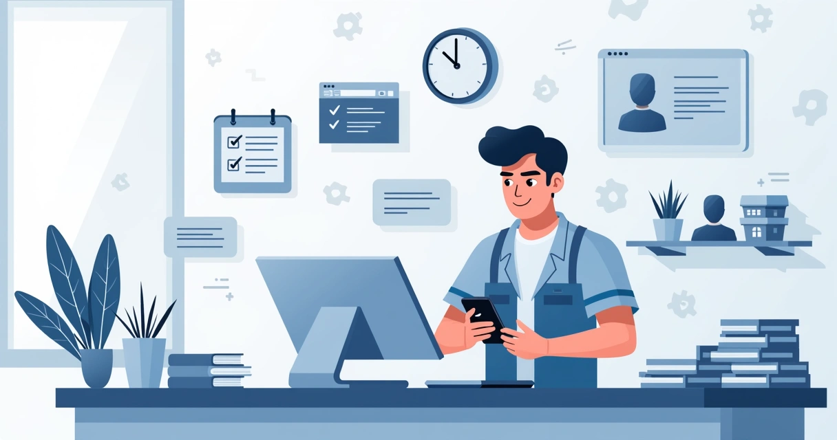 Assistente técnico realizando manutenção em celular com ferramenta digital e elementos de organização empresarial ao fundo