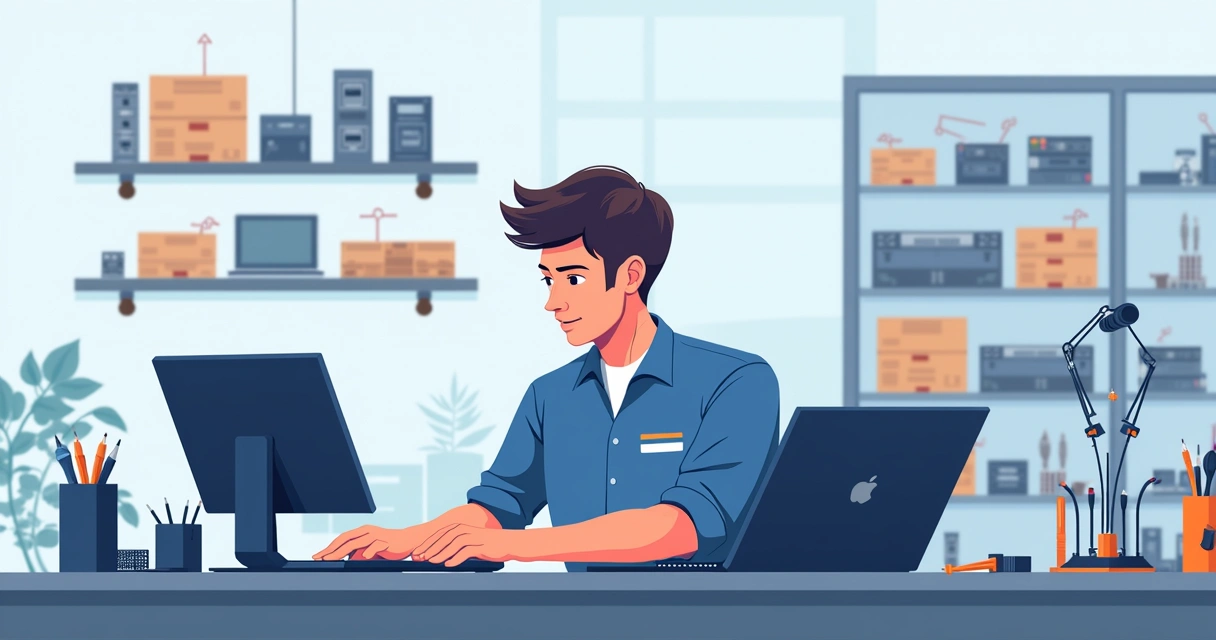 Técnico de informática trabalhando em estação com computadores e equipamentos diversos para manutenção