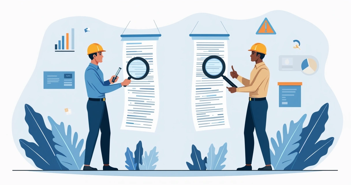 Ilustração corporativa mostrando conflito entre duas assistências técnicas com gráficos e contratos ao fundo
