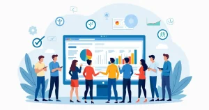Ilustração corporativa de equipe técnica usando software de controle de comissões, com gráficos e relatórios na tela