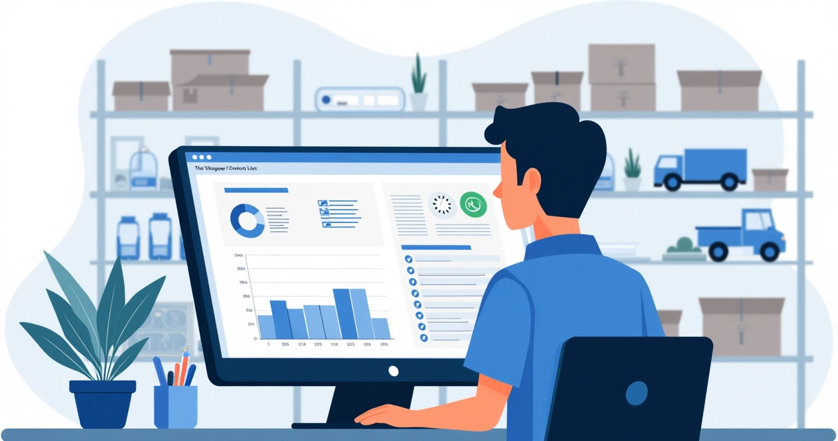 Ilustração de assistente técnico controlando inventário de peças em computador com gráficos e listas