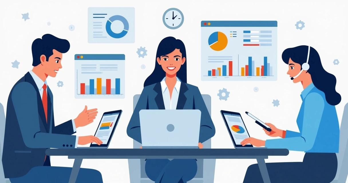 Ilustração corporativa plana mostrando três profissionais usando diferentes dispositivos com gráficos de produtividade na tela para assistências técnicas