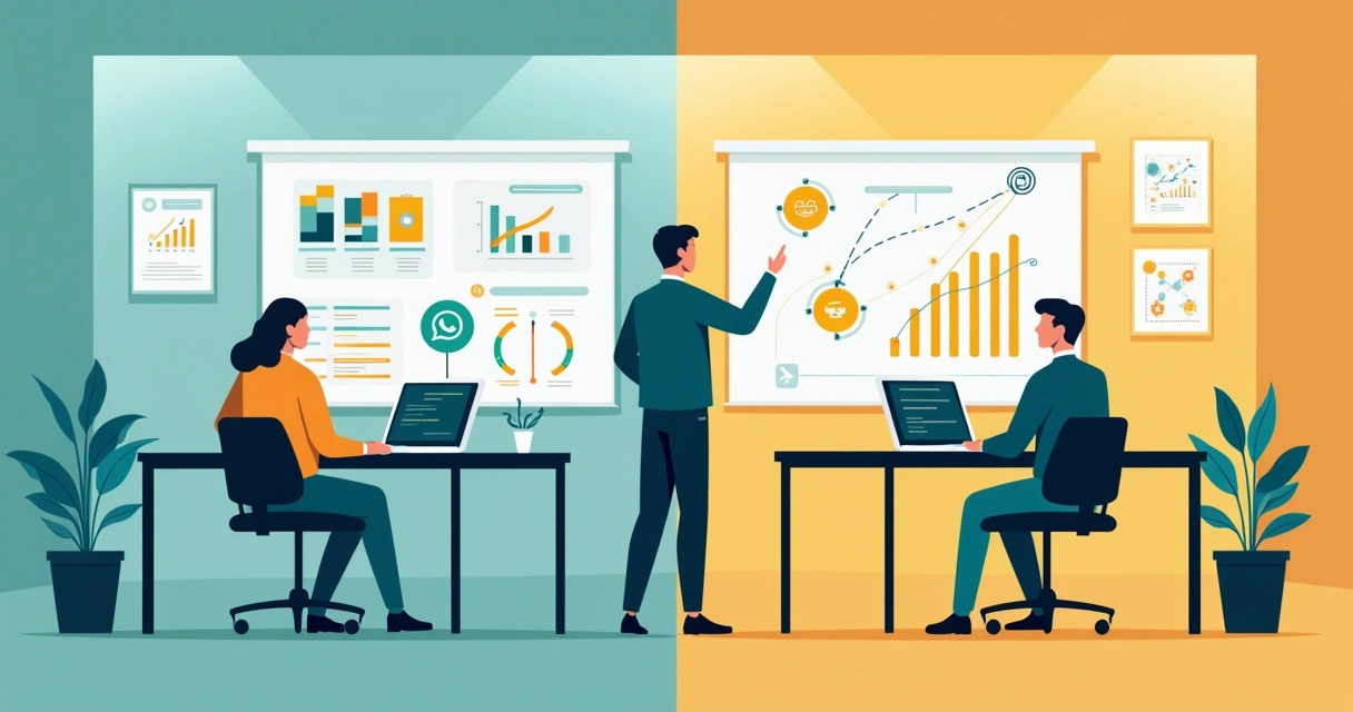 Ilustração corporativa mostrando comparação entre sistema CRM e consultoria de fidelização em assistência técnica