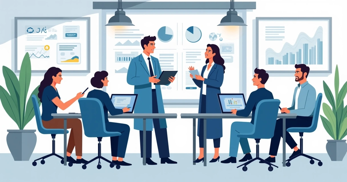 Equipe de técnicos e líderes em treinamento sobre novo sistema, ambiente corporativo com quadros e laptops