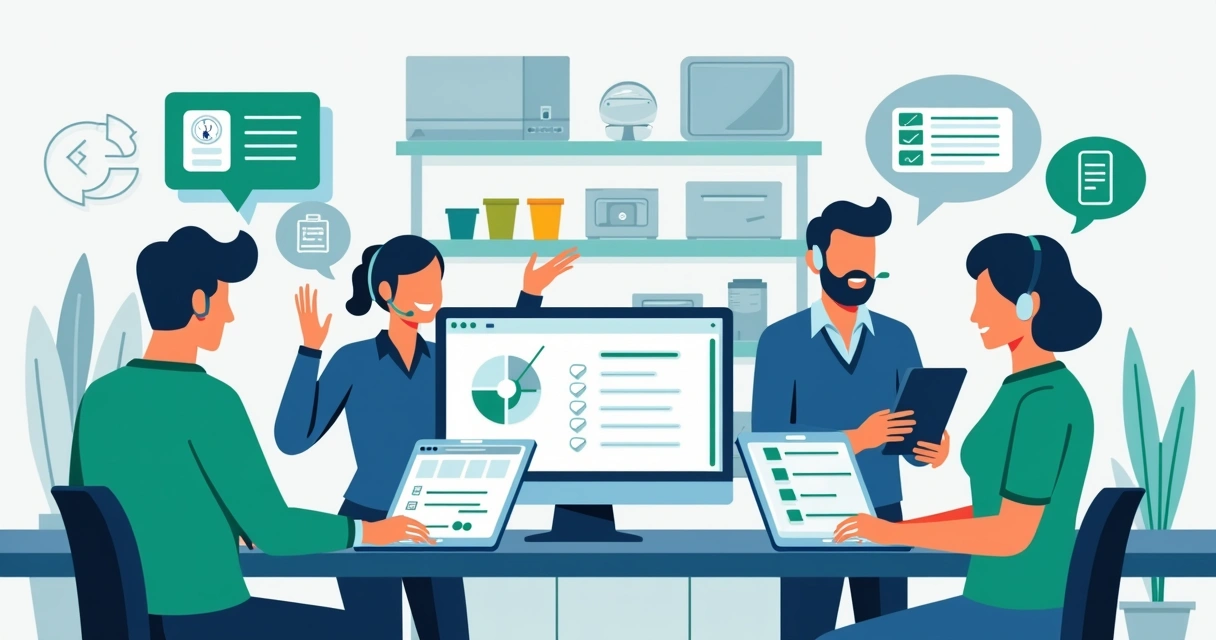 Ilustração corporativa de equipe técnica implantando sistema de gestão sem parar operação da loja, com computadores, planilhas e comunicação integrada