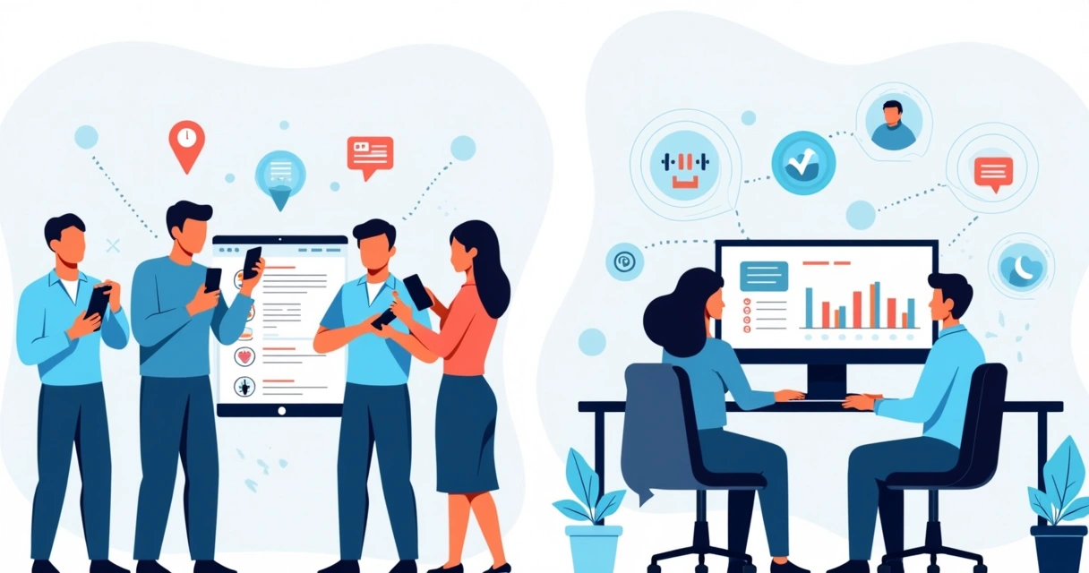Ilustração corporativa de supervisão de equipe com técnicos usando app em smartphones e gestor visualizando sistema completo no computador