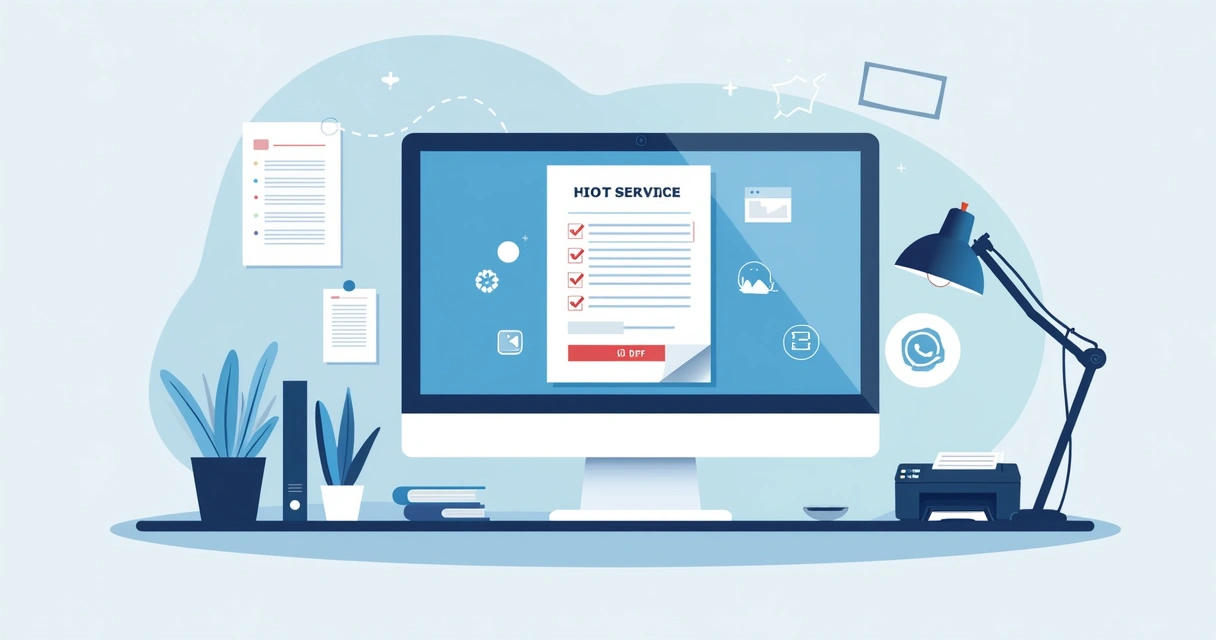 Ilustração corporativa plana de uma tela de computador exibindo um modelo de ordem de serviço em PDF, com ícones de checklist, impressora e integração com WhatsApp ao redor