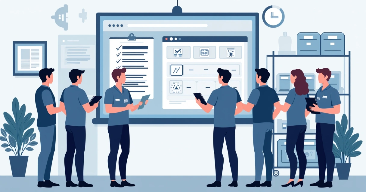 Ilustração corporativa mostrando técnicos organizando listas de verificação e processos em tela digital