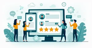 Ilustração corporativa de pessoas analisando feedback de clientes em dispositivos digitais com gráficos e ícones de comunicação