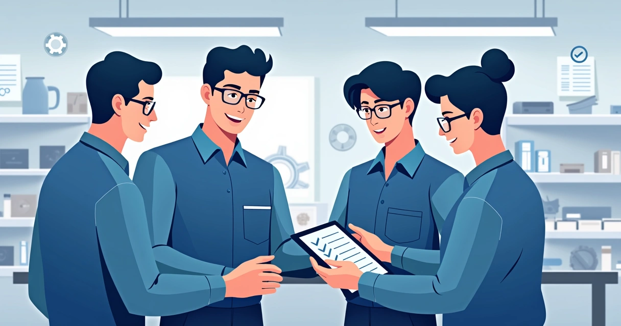 Ilustração corporativa de equipe técnica fazendo inspeção de controle de qualidade com checklist em tablet