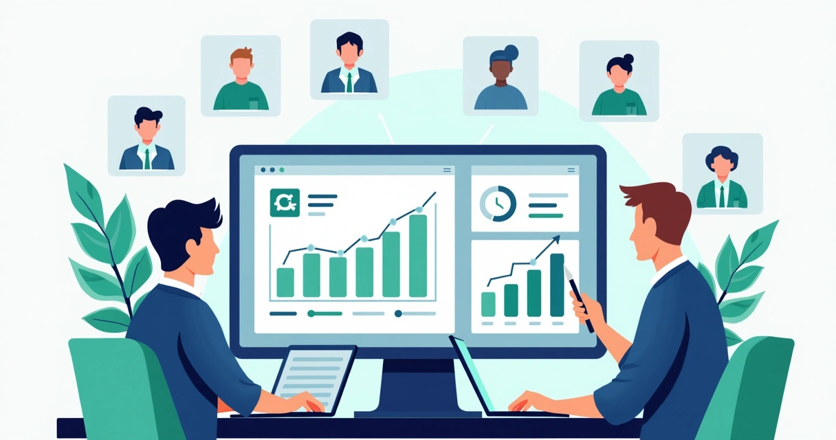 Ilustração corporativa plana de profissionais usando software de gestão em computador com gráficos de economia e organização ao fundo