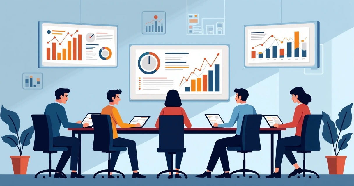 Ilustração corporativa plana mostrando pessoas analisando gráficos e dados de software de gestão em telas digitais