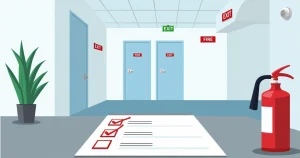 Ilustração corporativa de checklist de segurança contra incêndio com extintor, detector de fumaça e rotas de fuga sinalizadas