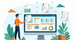 Ilustração corporativa mostrando pessoa usando sistema ERP online para emitir notas fiscais e controlar vendas com gráficos e ícones financeiros
