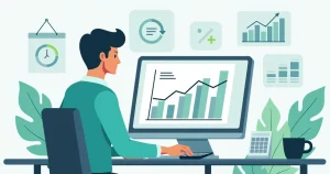 Ilustração corporativa plana mostrando empresário analisando gráficos financeiros em computador, com documentos e calculadora na mesa