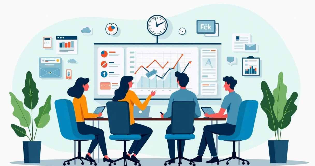 Ilustração corporativa de equipe técnica definindo metas com gráficos e checklist em quadro branco