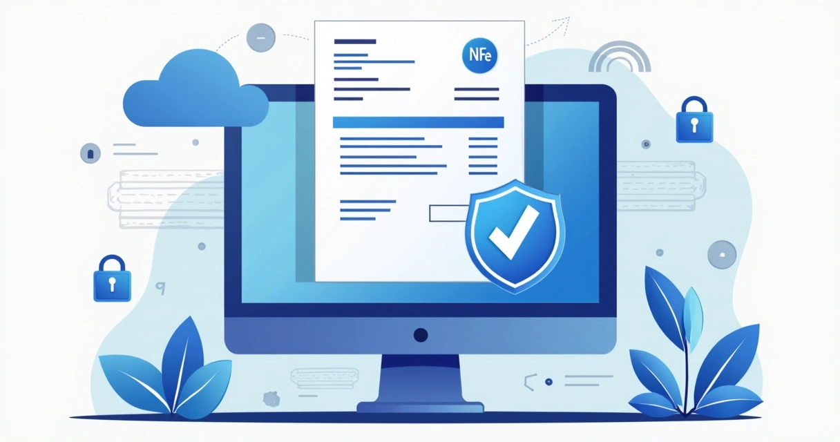 Ilustração corporativa de tela de computador exibindo emissão de NFe com certificado digital, ícones de segurança e elementos digitais ao redor