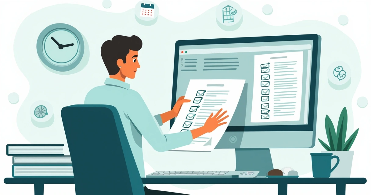 Ilustração corporativa mostrando um gestor organizando contratos de manutenção em um computador com telas de listas e calendários
