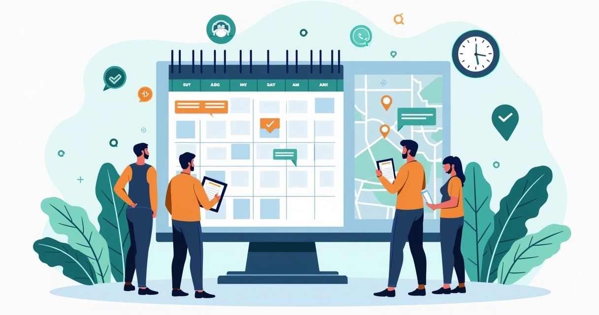 Ilustração corporativa mostrando roteiro e agendamento de visitas técnicas em calendário digital com equipe e checklist