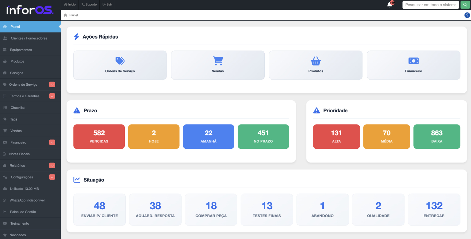 Painel inicial do InforOS