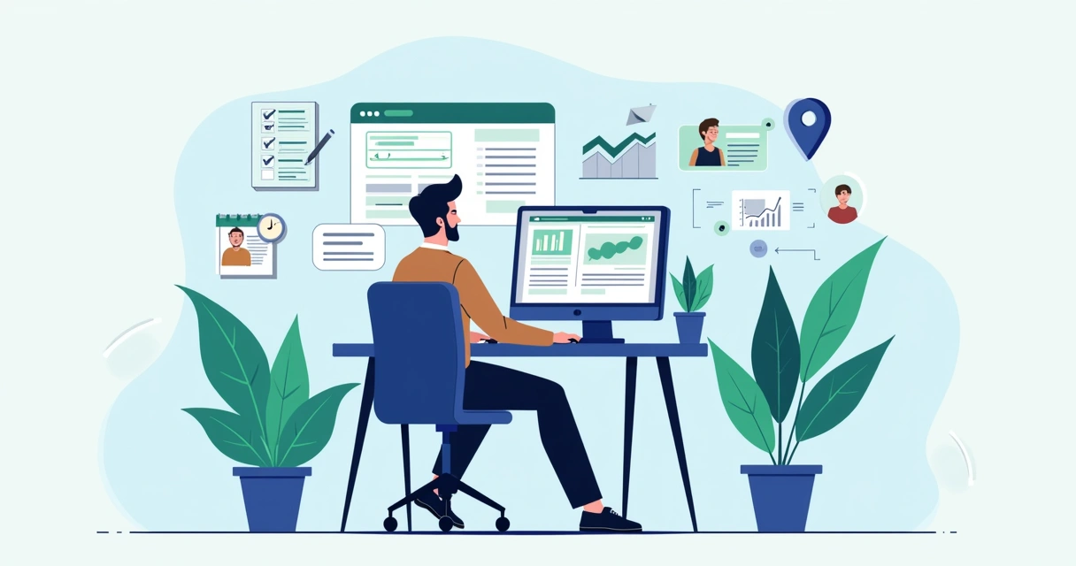 Profissional gerenciando vendas e ordens de serviço em sistema digital para assistência técnica