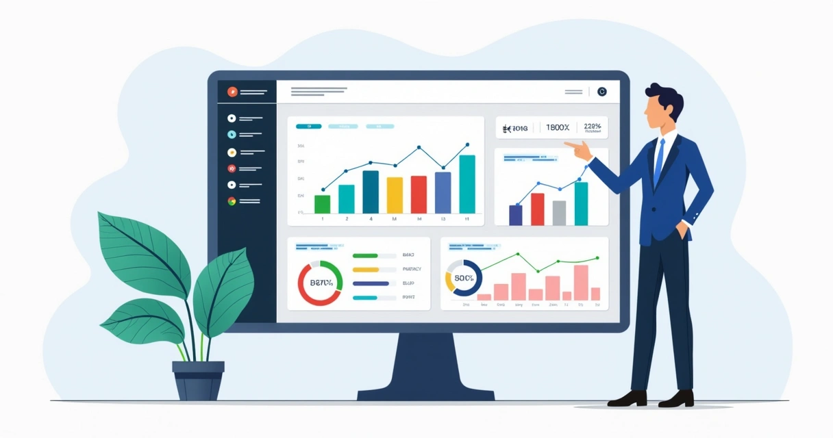 Painel digital com gráficos de desempenho e indicadores de negócios exibidos em tela moderna