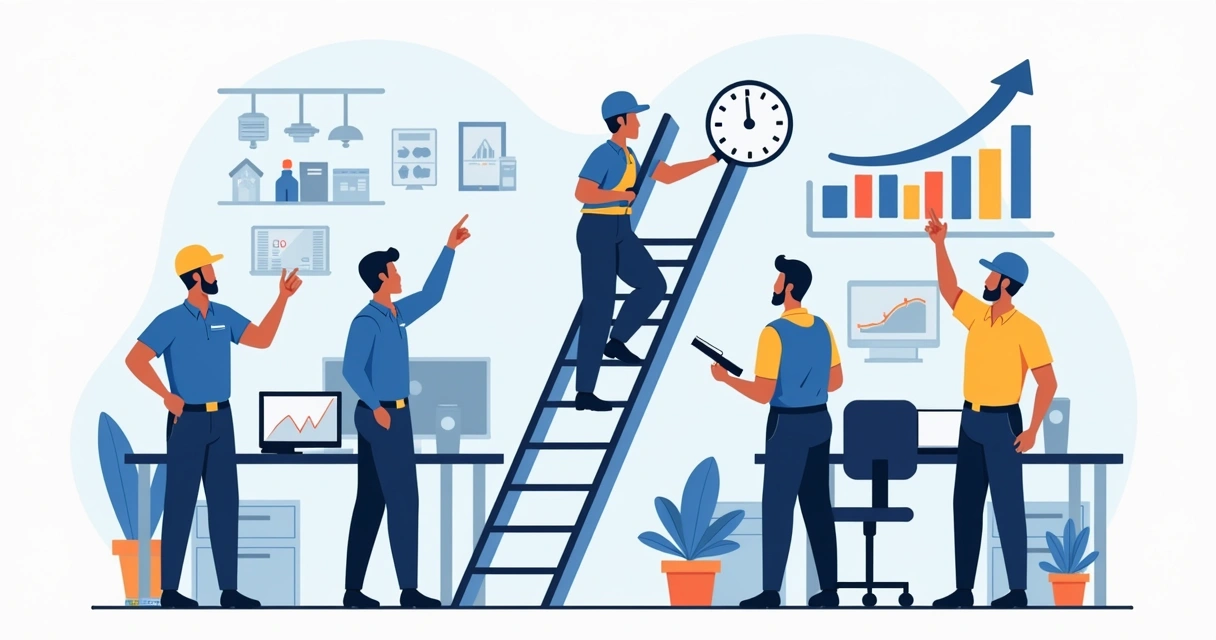 Ilustração corporativa de técnicos de manutenção em ambiente de trabalho com escada de crescimento ao fundo e gráficos de progresso
