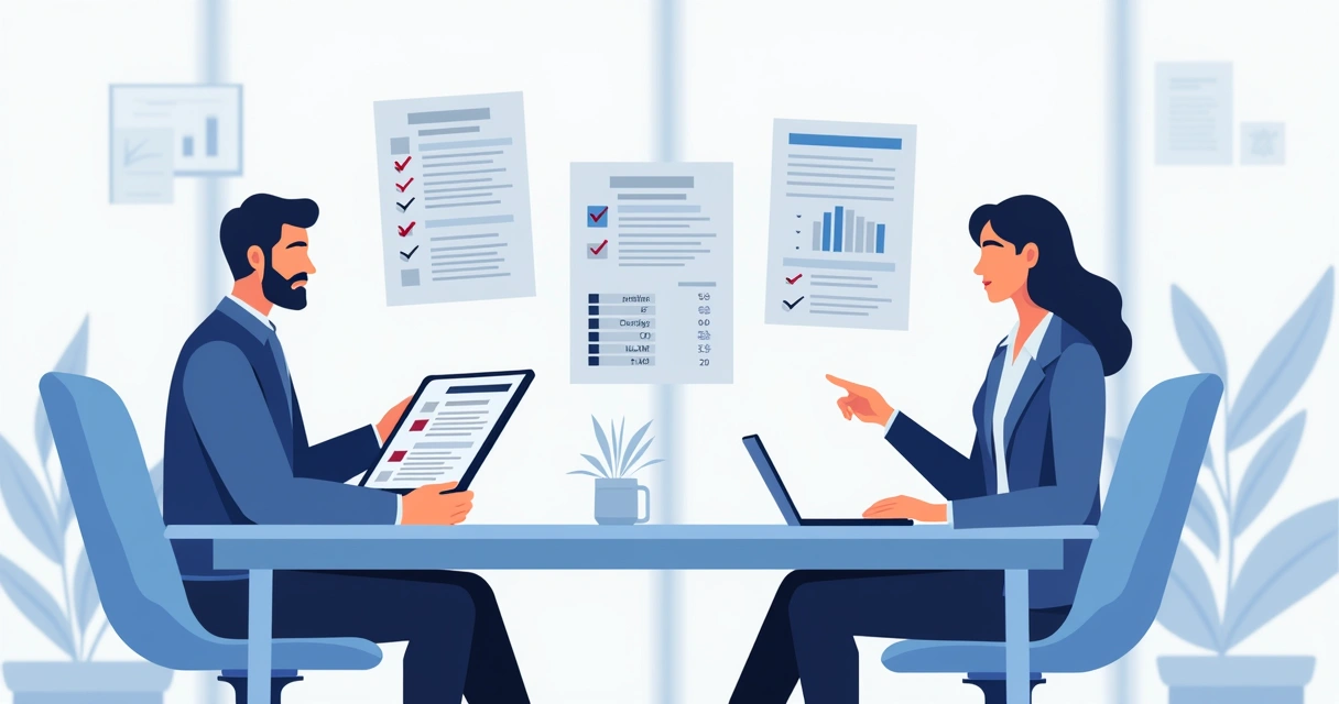 Ilustração corporativa plana mostrando diálogo entre cliente e técnico com documentos de orçamento visíveis