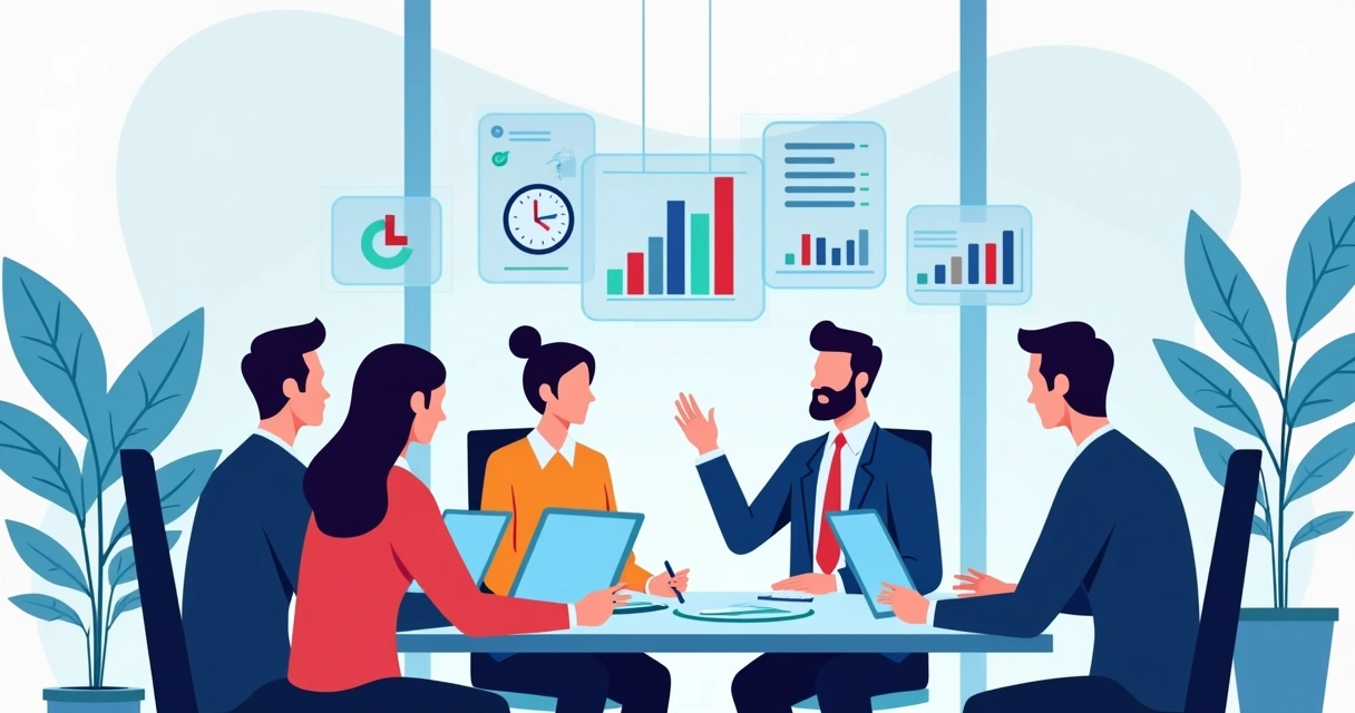 Equipe técnica reunida planejando ordens de serviço com gráficos e checklist digital