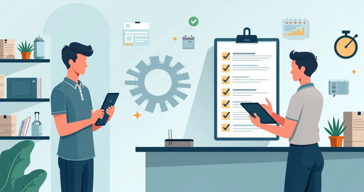 Técnico de assistência conferindo checklist digital em tablet ao lado de balcão de atendimento